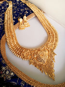 N0308_Grand traditional style Gold plated long necklace set with fine artwork of floral designs & chain drop pendant.