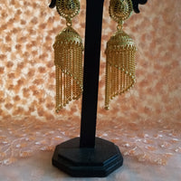 E0835_Gorgeous golden color jumkas with delicate designs with chain drops.