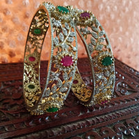 B015_Classy Style Silver plated Bangles studded with American Diamond & pink and green ruby stones.