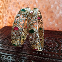 B015_Classy Style Silver plated Bangles studded with American Diamond & pink and green ruby stones.