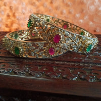 B015_Classy Style Silver plated Bangles studded with American Diamond & pink and green ruby stones.