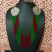 N0319_Vibrant layered dazzling light maroon & green colour crystal necklace with oxidized side pendants with delicate craft work.