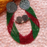 N0319_Vibrant layered dazzling light maroon & green colour crystal necklace with oxidized side pendants with delicate craft work.