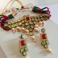 N060_Classy Layered Kundan Necklace studded with dazzling White and bright Square shaped Red stones with a touch of  pearls.