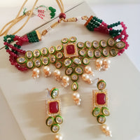 N060_Classy Layered Kundan Necklace studded with dazzling White and bright Square shaped Red stones with a touch of  pearls.