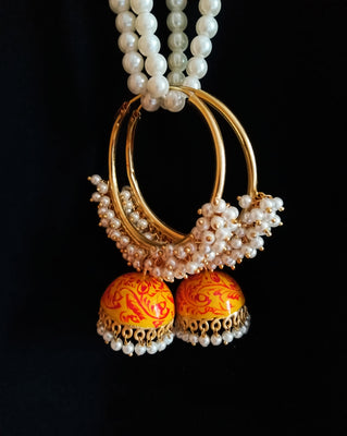E0841_Gorgeous ring design meenakari danglers with delicate meena work with a jumka drop embellished with a bunch of pearls.