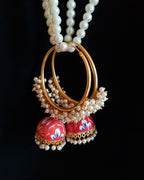 E0842_Gorgeous ring design milky red color meenakari danglers with delicate meena work with a jumka drop embellished with a bunch of pearls.