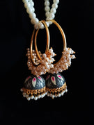 E0843_Gorgeous ring design ash color meenakari danglers with delicate meena work with a jumka drop embellished with a bunch of pearls.