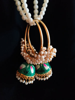 E0844_Gorgeous ring design dark green color meenakari danglers with delicate meena work with a jumka drop embellished with a bunch of pearls.