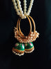 E0844_Gorgeous ring design dark green color meenakari danglers with delicate meena work with a jumka drop embellished with a bunch of pearls.