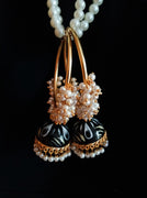 E0846_1 Gorgeous ring design black color meenakari danglers with delicate meena work with a jumka drop embellished with a bunch of pearls.