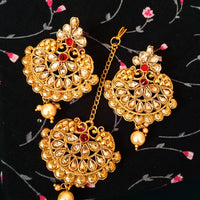 M015_Gorgeous Stone work earring & maang tika combo with a touch of pearl drop.