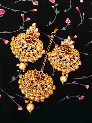 M015_Gorgeous Stone work earring & maang tika combo with a touch of pearl drop.