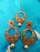 M016_Gorgeous chandhbali style earring & maang tika combo with delicate stone work with a touch of pearl drop.