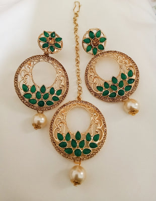 M017_Gorgeous chandhbali style earring & maang tika combo with delicate green color stone work with a touch of pearl drop.