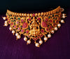 N0346_Gorgeous Temple jewelry style matte polish choker Necklace with delicate embossed lakshmi design studded with a touch of semi Precious ruby stones embellished with pearl drops.