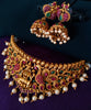 N0346_Gorgeous Temple jewelry style matte polish choker Necklace with delicate embossed lakshmi design studded with a touch of semi Precious ruby stones embellished with pearl drops.