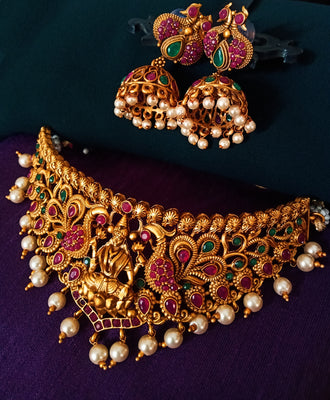 N0346_Gorgeous Temple jewelry style matte polish choker Necklace with delicate embossed lakshmi design studded with a touch of semi Precious ruby stones embellished with pearl drops.