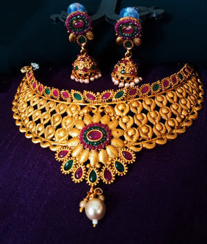 N0347_Classic style matte polish choker Necklace with delicate floral designs studded with a touch of semi Precious ruby stones embellished with pearl drops.