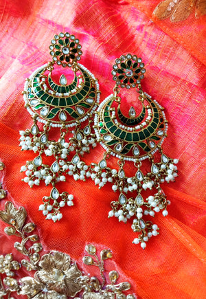 E0112_Classy green colored earring with delicate work of pearl and  Meenakari work.