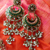 E0112_Classy green colored earring with delicate work of pearl and  Meenakari work.