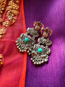 E0847_ Classy crafted pattern German silver oxidized danglers with a touch of stones along with bead drops.