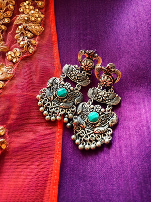 E0847_ Classy crafted pattern German silver oxidized danglers with a touch of stones along with bead drops.