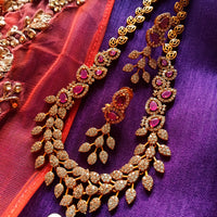 N0349_Elegant Temple jewelry style matte gold polish necklace set studded with American Diamond  stones with a touch of pink ruby stones.