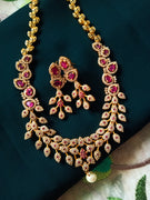 N0352_Elegant Temple jewelry style matte gold polish necklace set studded with American Diamond  stones with a touch of pink ruby stones.