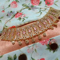 N0360_Ravishing broad golden American Diamond engraved choker necklace with delicate craft work with a touch of delicate stone work.