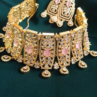 N0360_Ravishing broad golden American Diamond engraved choker necklace with delicate craft work with a touch of delicate stone work.