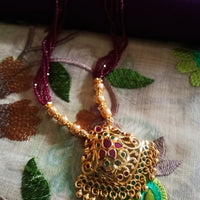 N018_Elegant Micro Gold plated Necklace studded with precious pink ruby stones & Magenta colored crystals