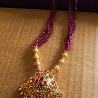 N018_Elegant Micro Gold plated Necklace studded with precious pink ruby stones & Magenta colored crystals