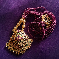 N018_Elegant Micro Gold plated Necklace studded with precious pink ruby stones & Magenta colored crystals