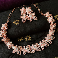 N0372_Gorgeous floral design American Diamond stones studded necklace set.