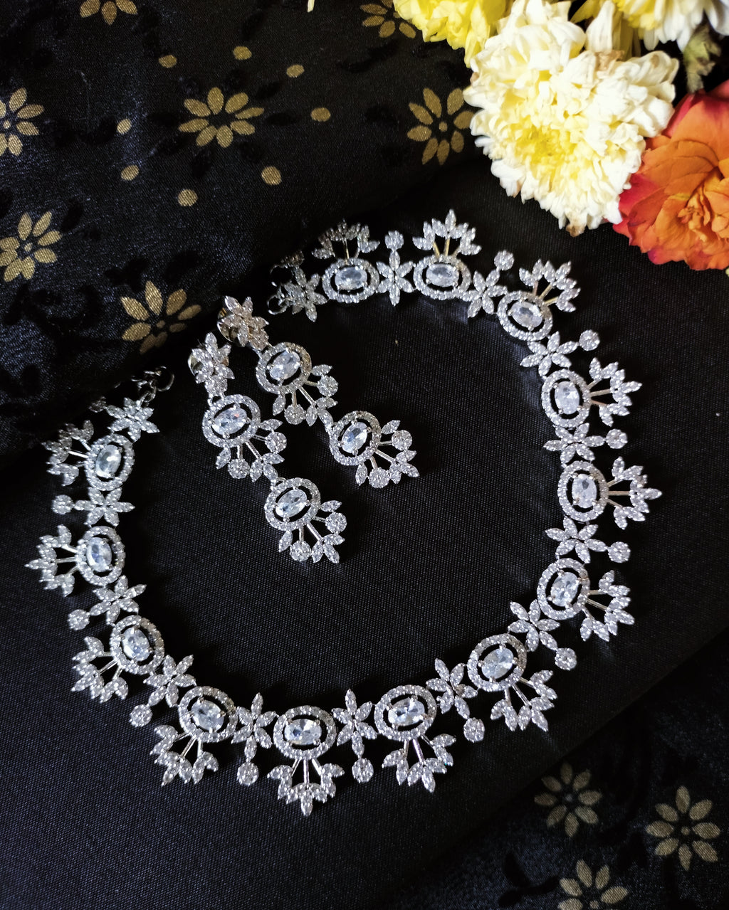 N0369_Elegant dazzling American Diamond stones embellished necklace set with delicate stone work.