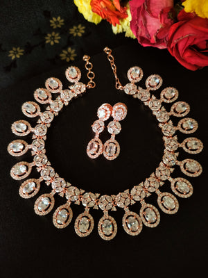 N0365_Ravishing oval design American Diamond stones studded necklace set.