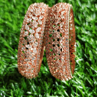 B0239_S_Ravishing Broad Rose gold bangle with delicate flower design embellished with American Diamond stones.