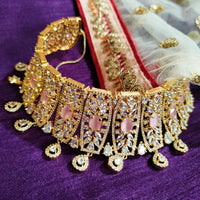 N0360_Ravishing broad golden American Diamond engraved choker necklace with delicate craft work with a touch of delicate stone work.