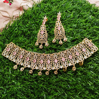 N0360_Ravishing broad golden American Diamond engraved choker necklace with delicate craft work with a touch of delicate stone work.