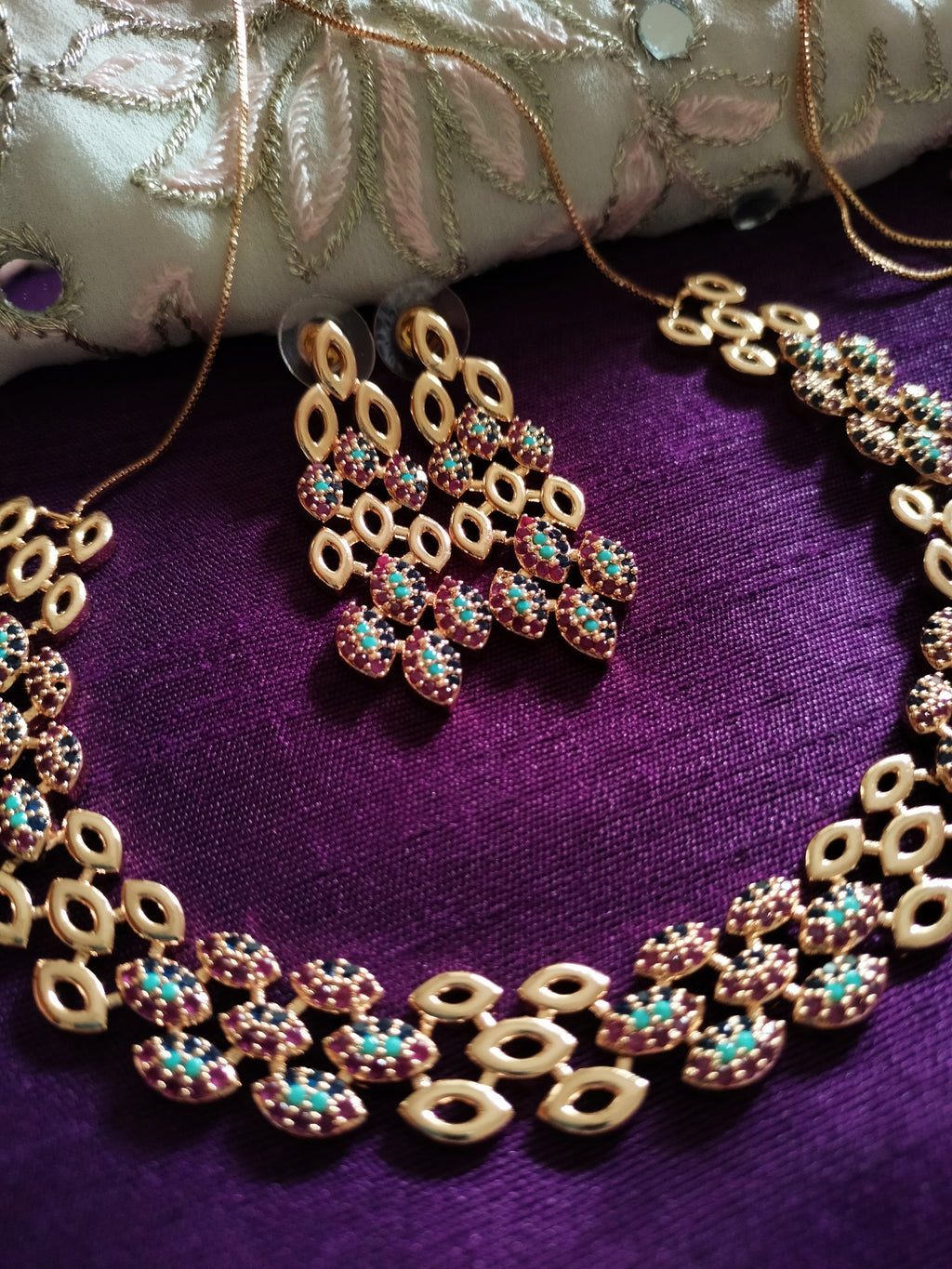 N0376_Classic  gold plated American Diamond stones embellished with multicolor stones.