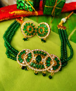 N0388_Gorgeous green crystal choker necklace set with a dazzling pendant studded  with  American diamond stones & green ruby stones.