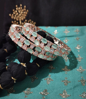 B0263_Lovely Rose Gold bangles embellished with American Diamond stones with a touch of dazzling ocean green stones.