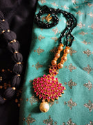 N023_Elegant Micro Gold plated Necklace studded with precious pink  ruby stones & black colored crystals