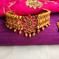 N0400_Gorgeous traditional style Gold plated choker necklace with delicate Pink & green ruby stone work.