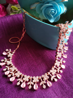 N0403_Classy floral design american diamond necklace with a touch of pink stones.