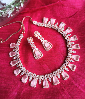 N0404_Classy designer american diamond necklace with a touch of pink stones.