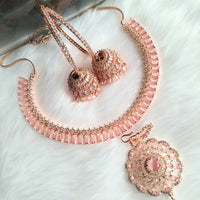 N0424_Gorgeous  designer rose gold american diamond embellished necklace set with a touch of  light pink stones.