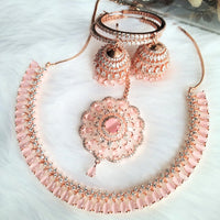 N0424_Gorgeous  designer rose gold american diamond embellished necklace set with a touch of  light pink stones.