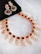 N0429_Elegant designer american diamond embellished necklace with a touch of red stone work.